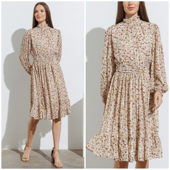 POLAGRAM Beige Floral Long Sleeves Mock Neck Midi Dress - Picture 4 of 5